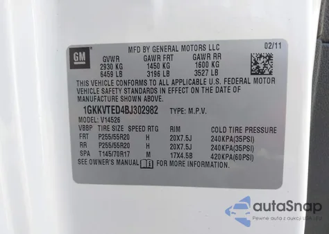 2011 GMC Acadia Denali из США, поврежденный, VIN 1GKKVTED4BJ302982